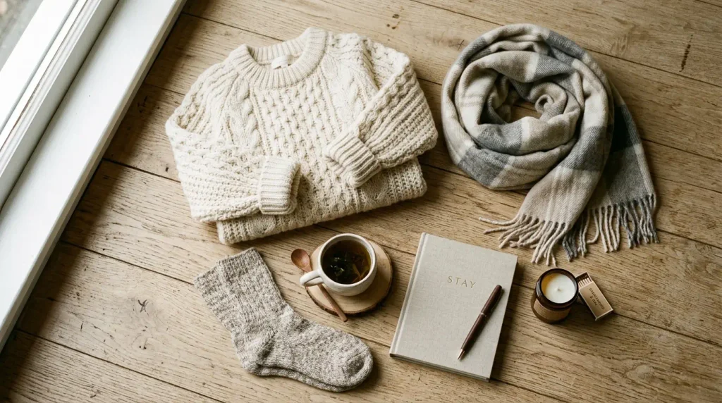 soft cozy sweater and loungewear representing comfortable clothes synonyms