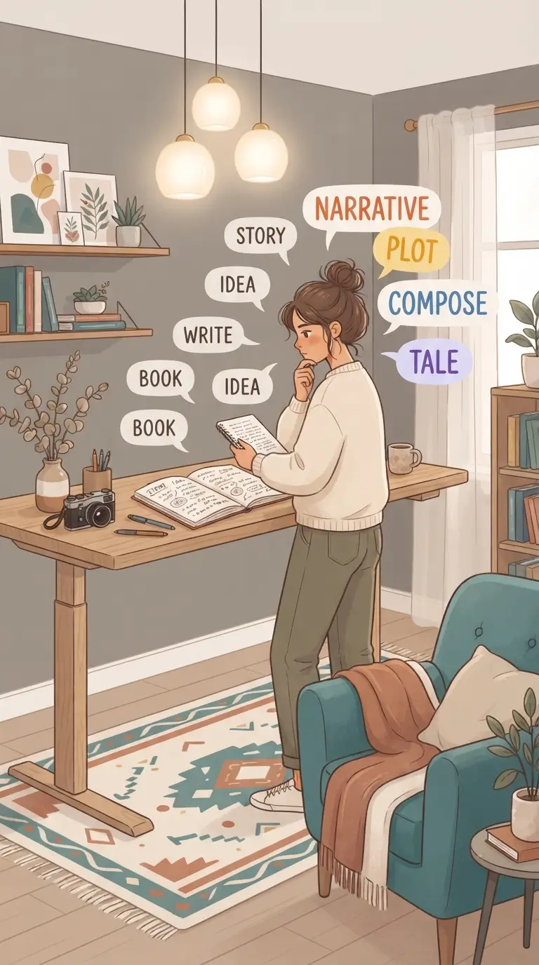Illustration of a writer at a cozy desk surrounded by floating synonym word bubbles, representing the SynonymKit journey